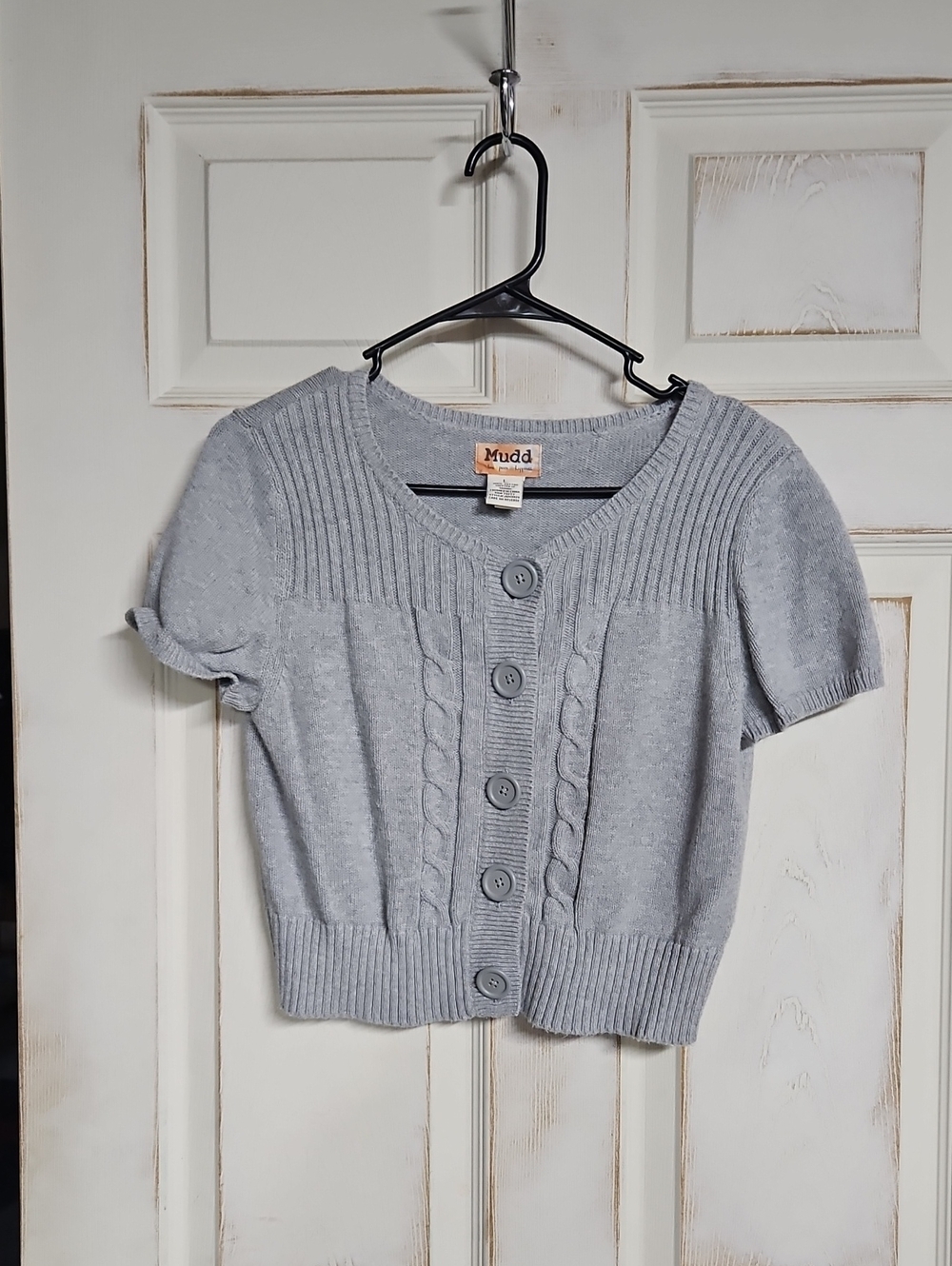Mudd Light Gray Short-Sleeve Cable-Knit Button Cardigan Cropped